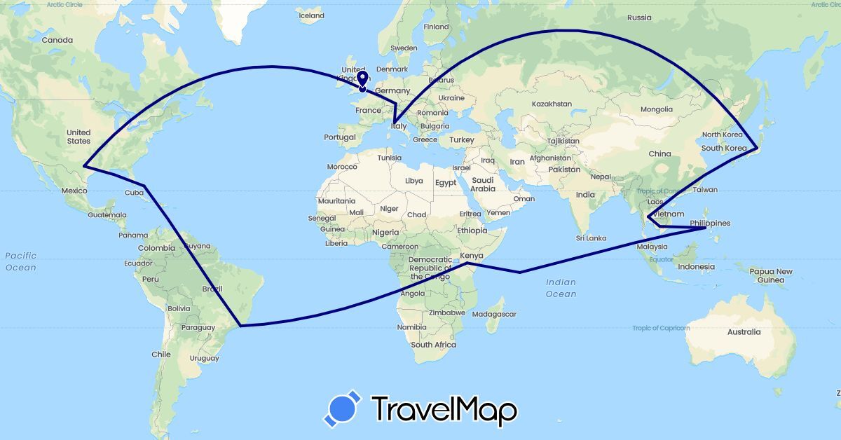 TravelMap itinerary: driving in Brazil, Bahamas, Germany, United Kingdom, Italy, Japan, Kenya, Cambodia, Philippines, Seychelles, Thailand, United States (Africa, Asia, Europe, North America, South America)